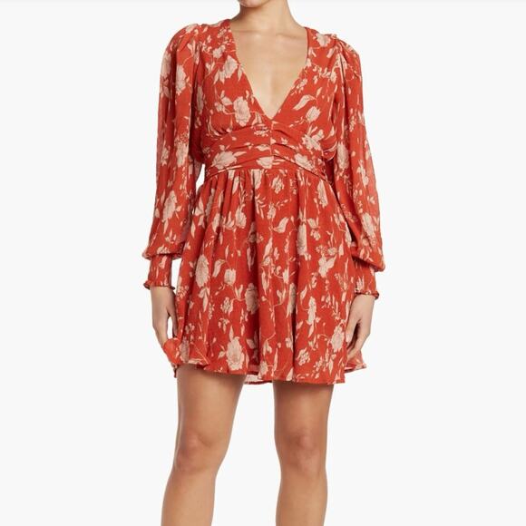 Lumière Rust Floral Long Sleeve Mini Dress Sz S - Picture 1 of 12